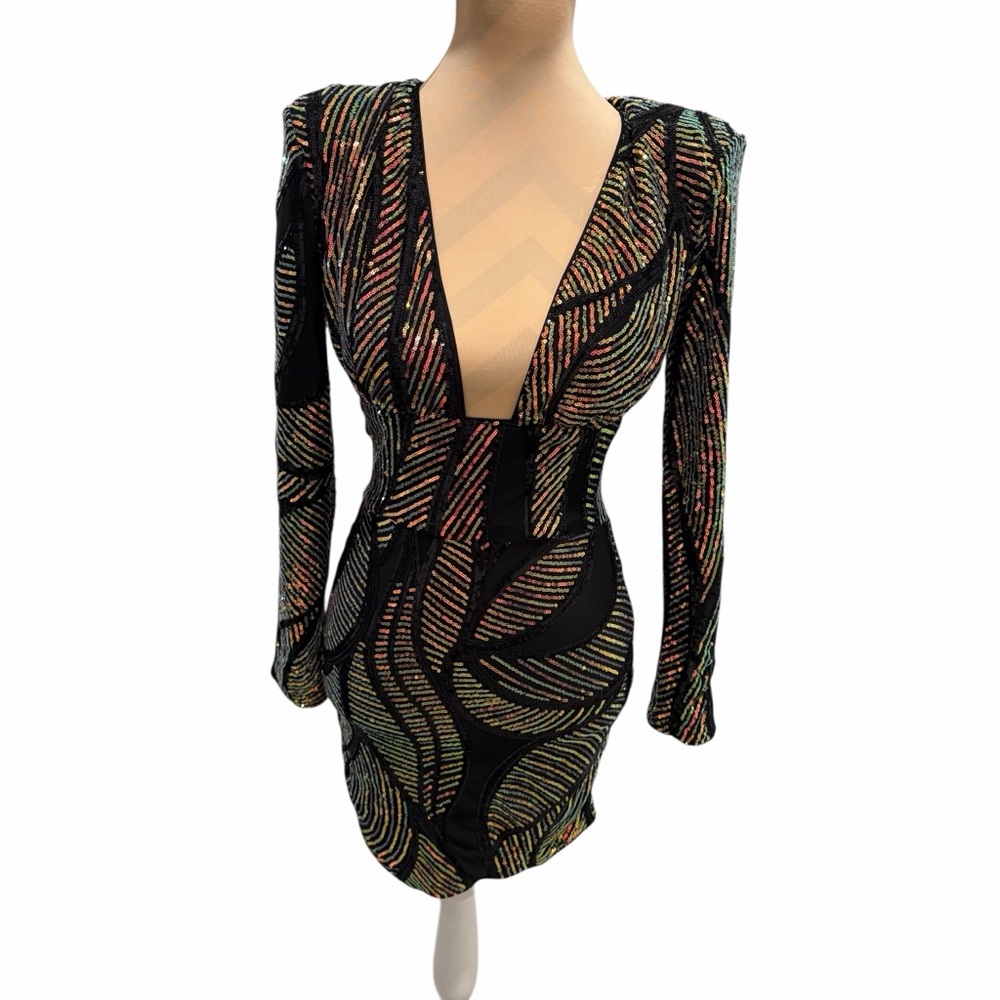 Love & Lemonade Black Multicolor‎ Long Sleeve Bodycon Mini Dress XS